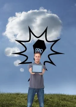 Composite image of young man showing screen of his tablet computer イラスト素材