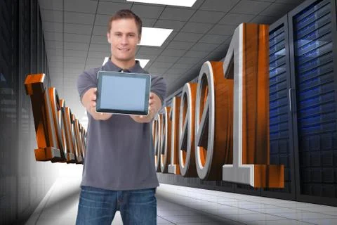 Composite image of young man showing screen of his tablet computer Stock Illustration