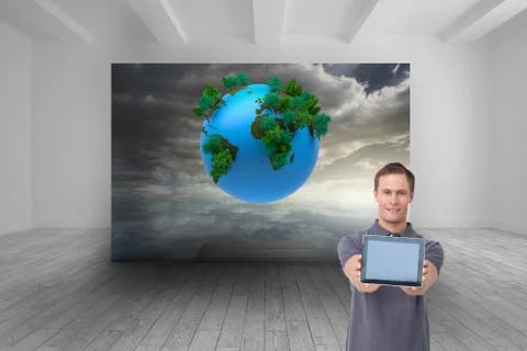 Composite image of young man showing screen of his tablet computer Stock Illustration