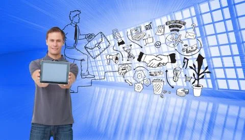 Composite image of young man showing screen of his tablet computer Illustrazione stock