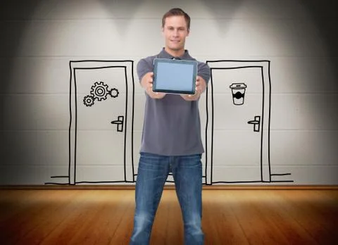Composite image of young man showing screen of his tablet computer Illustrazione stock