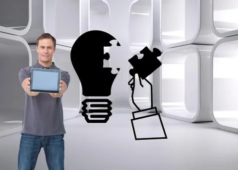 Composite image of young man showing screen of his tablet computer Stockillustratie