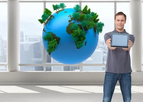 Composite image of young man showing screen of his tablet computer Stock Illustration