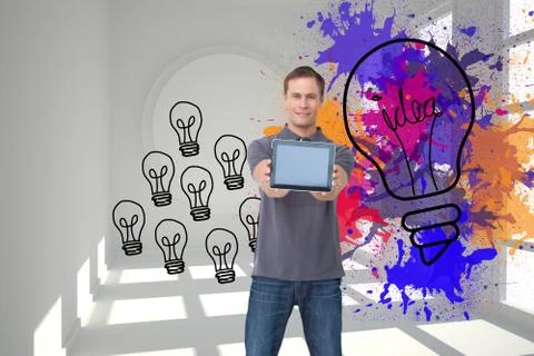 Composite image of young man showing screen of his tablet computer Stock Illustration