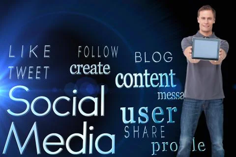 Composite image of young man showing screen of his tablet computer Stock Illustration