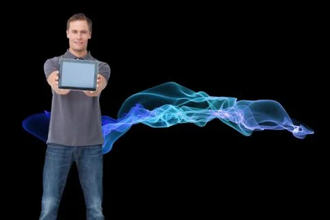 Composite image of young man showing screen of his tablet computer Stock Illustration