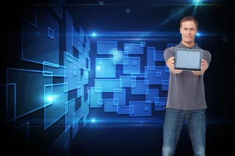 Composite image of young man showing screen of his tablet computer Stock Illustration