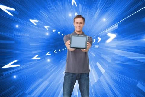 Composite image of young man showing screen of his tablet computer Stock Illustration