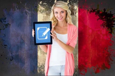 Composite image of young pretty student showing tablet pc Stock Illustration