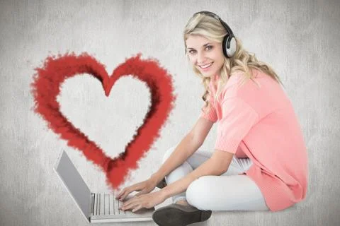 Composite image of young pretty student using laptop 스톡 일러스트