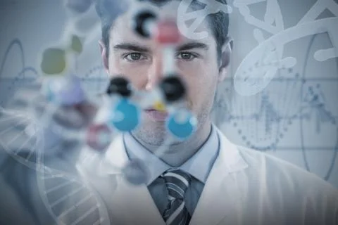 Composite image of young scientist experimenting molecule structure Stock Photos