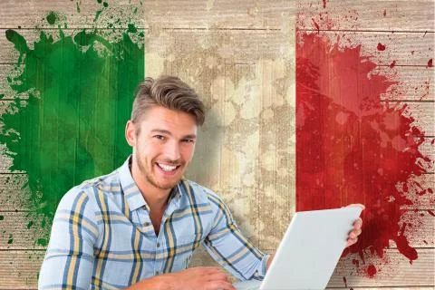 Composite image of young student using laptop Stock Illustration