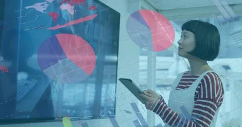 Composite of infographic interface over asian woman connecting digital tablet Stock Photos