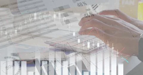 Composite of infographic interface over cropped hands of businessperson typing Ilustração Stock