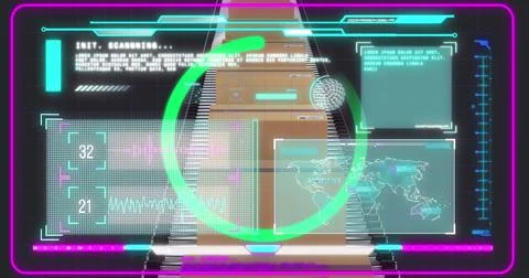 Composite of of loading circle with map, database, soundwaves over cardboard Ilustração Stock