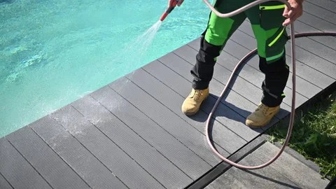 Composite Made Poolside Deck Washing Stock Footage 219888565