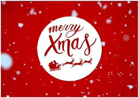 Composite of merry xmas text over snow falling on red background Stock Illustration