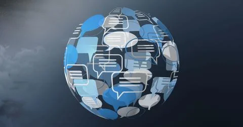 Composite of message icons forming globe against cloudy sky, copy space Stock Illustration