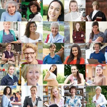 Composite Of Multiple Female Faces Looking At Camera Stock Photos