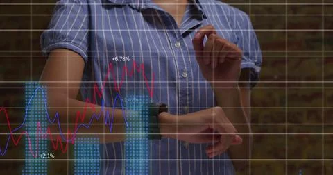 Composite of multiple graphs over midsection of caucasian businesswoman checking Stockillustratie