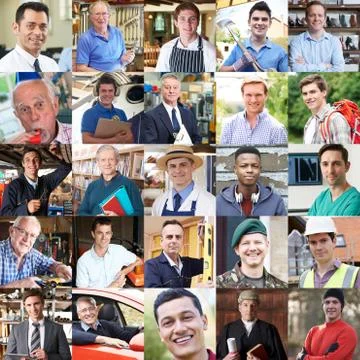 Composite Of Multiple Male Faces Looking At Camera Stock Photos