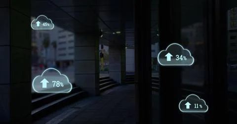 Composite of multiple number with arrow up and percentage signs in clouds over Ilustração Stock