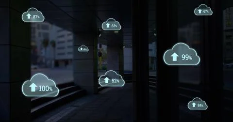 Composite of multiple number with percentage and arrow up signs in clouds over Ilustración de archivo