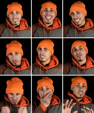 Composite of multiple portraits of the same man in different expressions Stock Photos