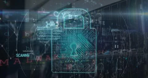 Composite of multiple words, programming language and padlock over network Stock Illustration