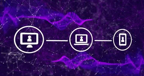 Composite of network with icons and data processing over purple background Stockillustratie