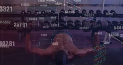 Composite of numbers and data processing over man exercising Stock Footage 329863979
