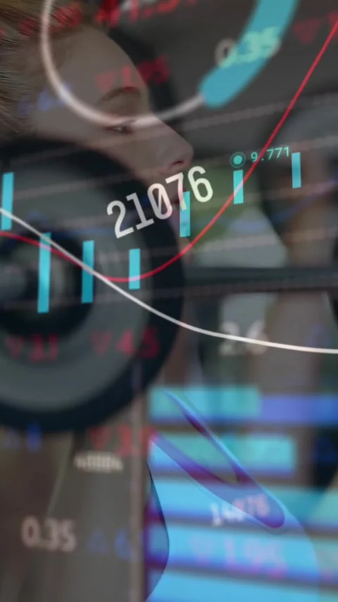 Composite of numbers and financial data processing over woman exercising Stock Footage 319372007