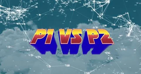 Composite of p1 vs p2 over connected dots forming geometric shape with numbers Illustrazione stock