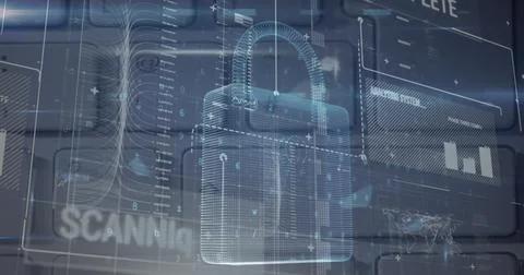 Composite of padlock with bar graph, maps and multiple text over computer Ilustração Stock