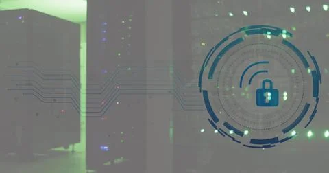 Composite of padlock icon and data processing over computer servers Illustrazione stock