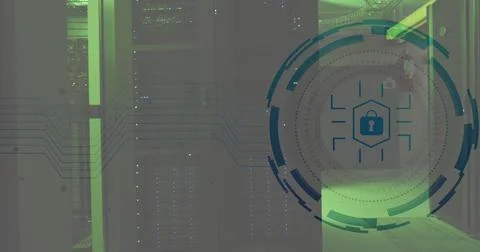 Composite of padlock icon and data processing over computer servers Stock Illustration
