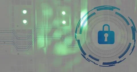 Composite of padlock icon and data processing over computer servers Stock Illustration