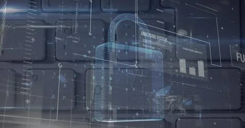 Composite of padlock with multiple text, bar graph and maps over computer Ilustração Stock