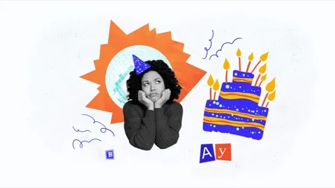 Composite poster motion collage video of sad birthday girl sit cake loneliness Stock Footage 310671699
