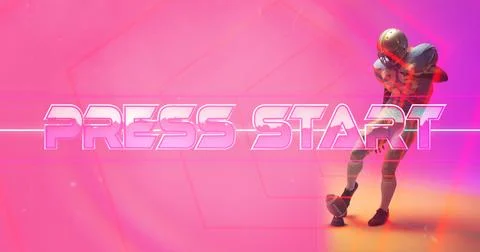 Composite of press start text and american football player playing with ball on Stock Photos