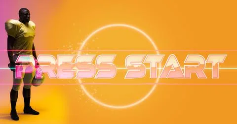 Composite of press start text and circle with american football player holding Stock Photos