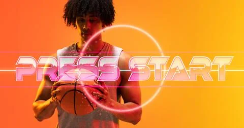 Composite of press start text with circle over thoughtful male biracial player Stock Photos