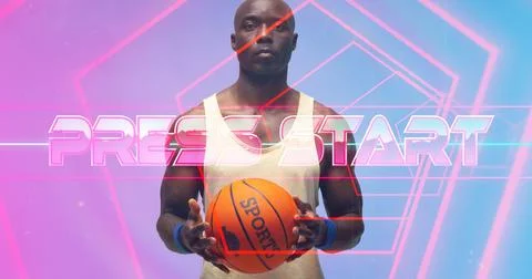 Composite of press start text with lines over portrait of serious african Foto stock