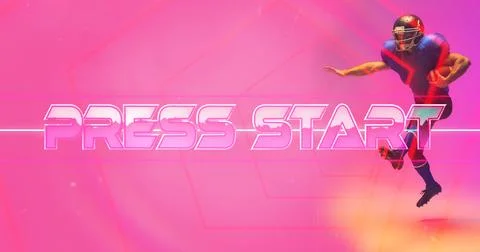 Composite of press start text with lines and american football player with ball Stock Photos