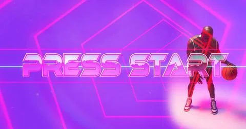 Composite of press start text with pink lines and bald african american player Stock Photos