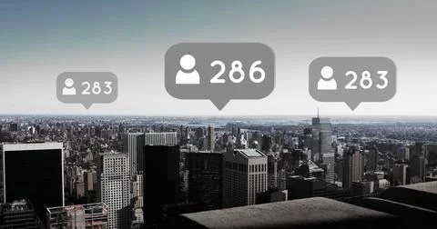 Composite of profile icons and multiple numbers in speech bubbles over aerial Stock Photos