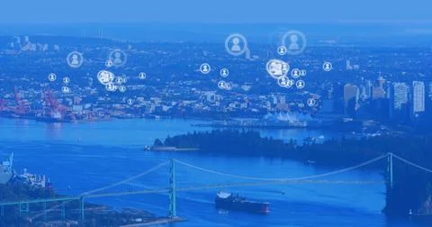Composite of profile icons in circles over aerial view of cityscape with Ilustração Stock