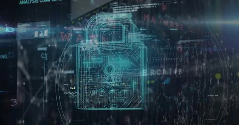 Composite of programming language and padlock over network server room 스톡 일러스트