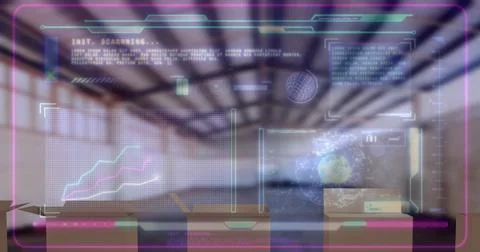 Composite of programming language, globe and multicolored graphs over empty Stock Illustration