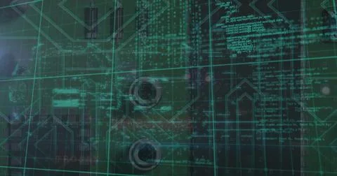 Composite of programming language with grid pattern against ports of desktop イラスト素材